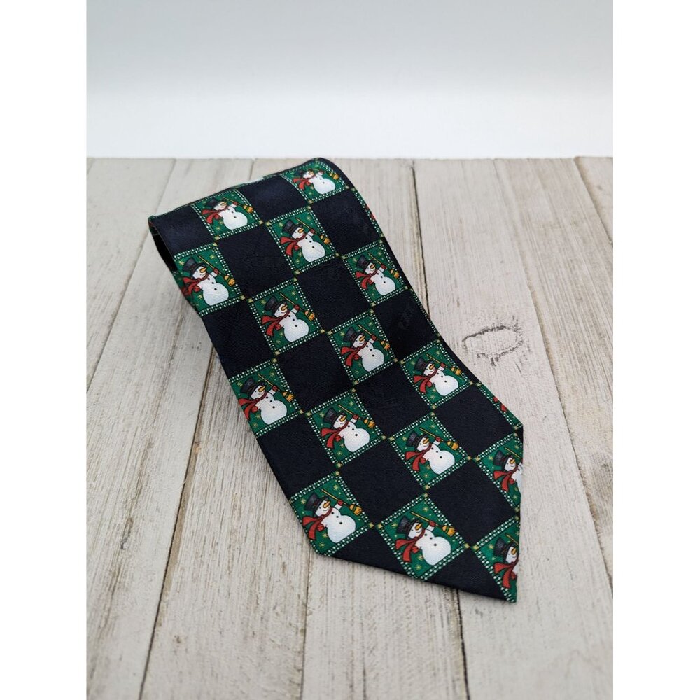 Vintage Hallmark Yule Neck Tie Snowman Black Green 58"